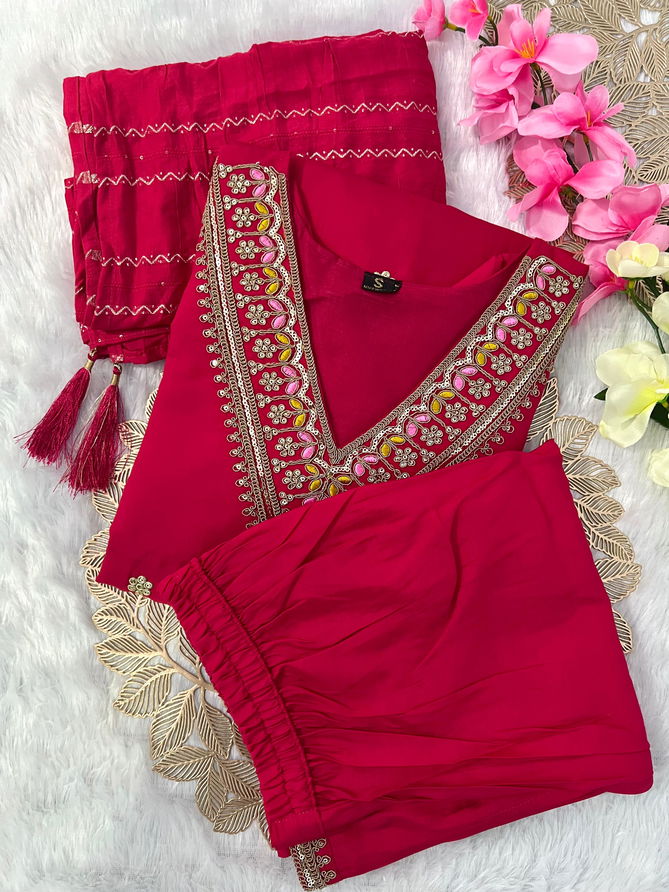 VT Tomato Pink Designer Roman Silk Embroidery Kurti With Bottom Dupatta Wholesale Price In Surat
